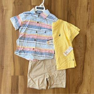 Nautica Boys Yellow Tee with Pastel Striped Button Shirt & Khaki Shorts